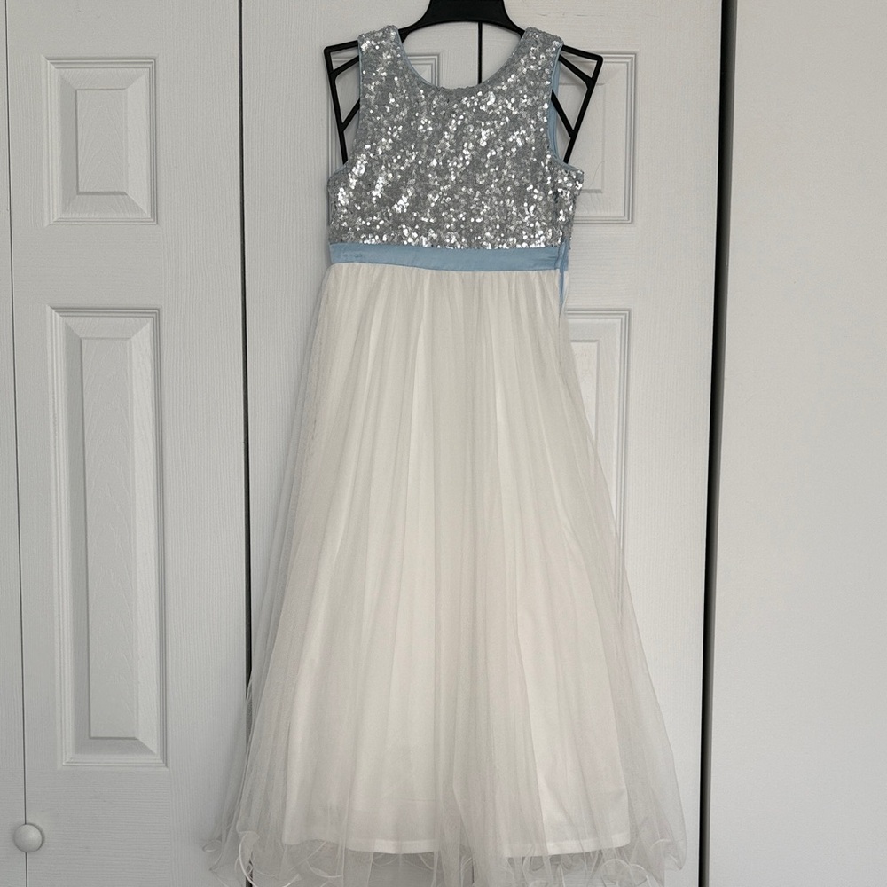 Elegant Silver/Light Blue and White Kids Formal Dress - NWOT